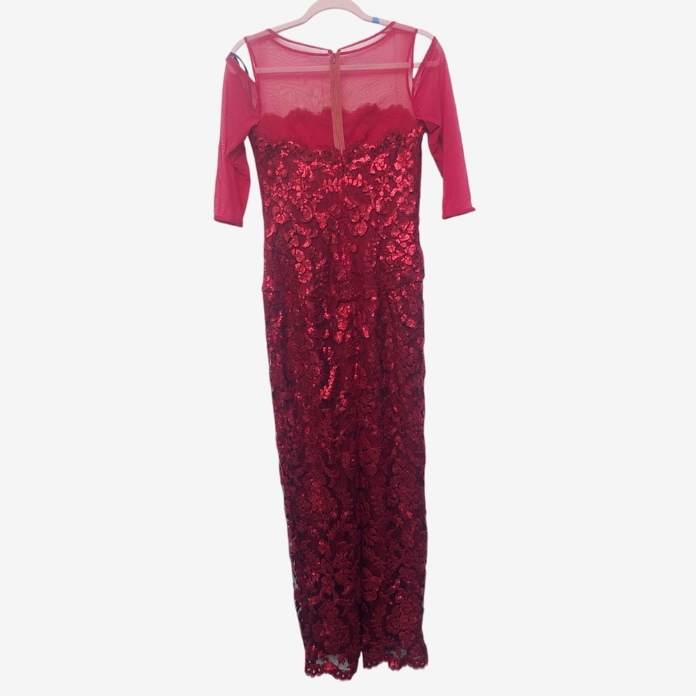 Red sequin Tadashi Shoji evening dress semisheer mesh cut out sleeves